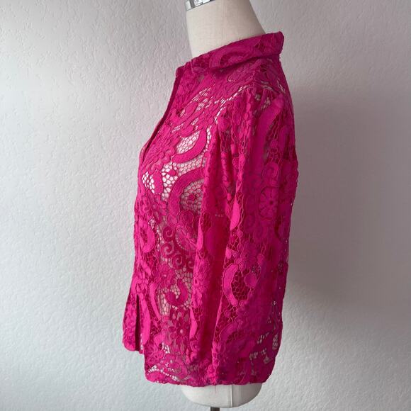 Saks Fifth Avenue Lace Button Up Collared Shirt Sheer 3/4 Sleeve Small Pink - Picture 11 of 13